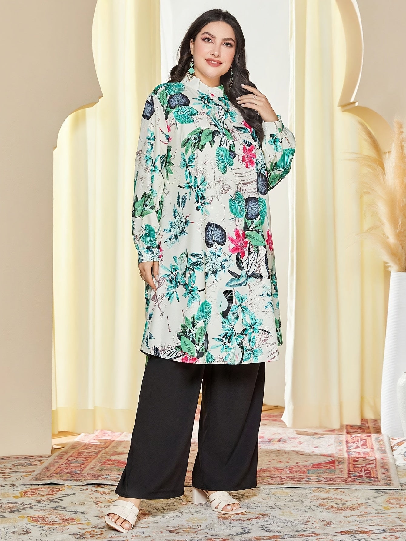 Women's Plus Tropical Print Lantern Sleeve Top & Pants Set