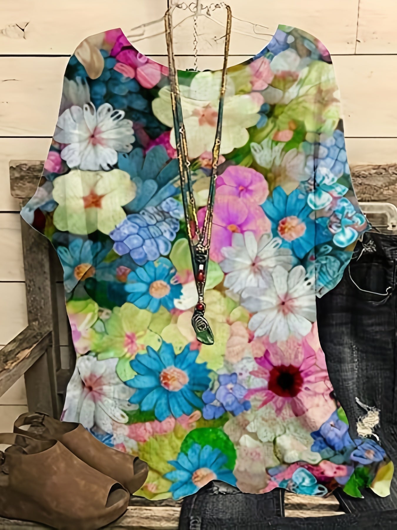 Floral Print Short Sleeve T-shirt Round Neck