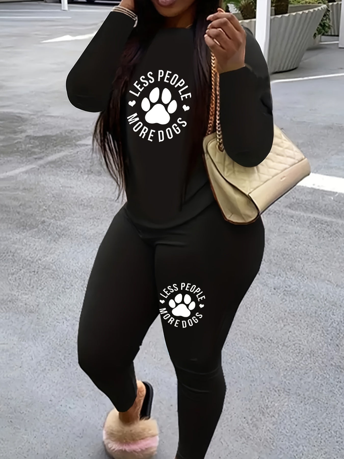 Women's Paw & Slogan Print Top & Leggings Two Piece Set