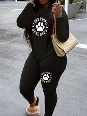 Women's Paw & Slogan Print Top & Leggings Two Piece Set