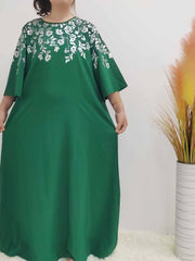 Floral Print Three Quarter Sleeve Round Neck Maxi Dress