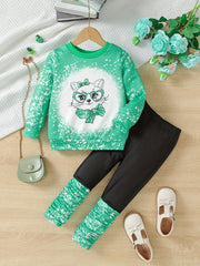 Girl's Cat Pattern 2pcs Sweatshirt & Pants Set Casual Outfits For Spring Fall