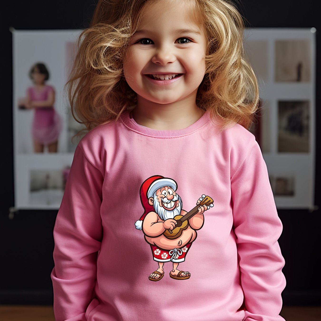 Christmas Santa Print Girls Pullover Sweatshirt Long Sleeve Crew Neck Tops