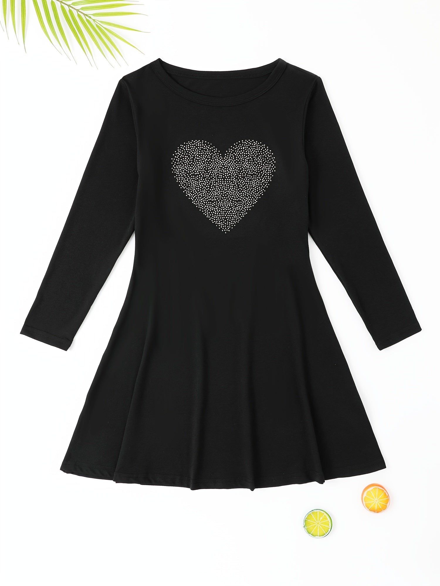 Heart Graphic Long Sleeve Dress Girls Crew Neck Dresses For Party Gift