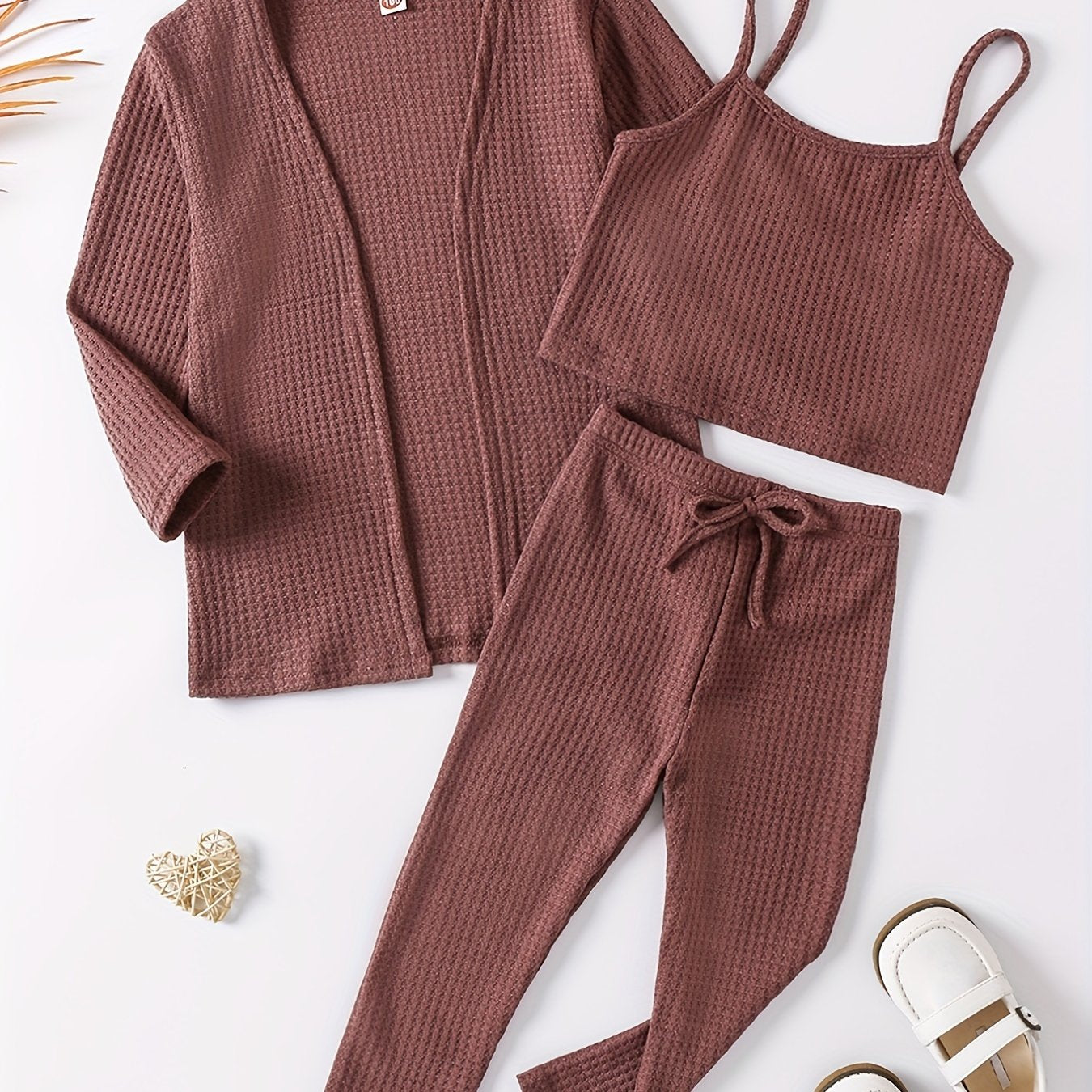 Girl's Waffle Pattern 2pcs Cami Top & Cardigan & Pants Set