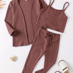 Girl's Waffle Pattern 2pcs Cami Top & Cardigan & Pants Set