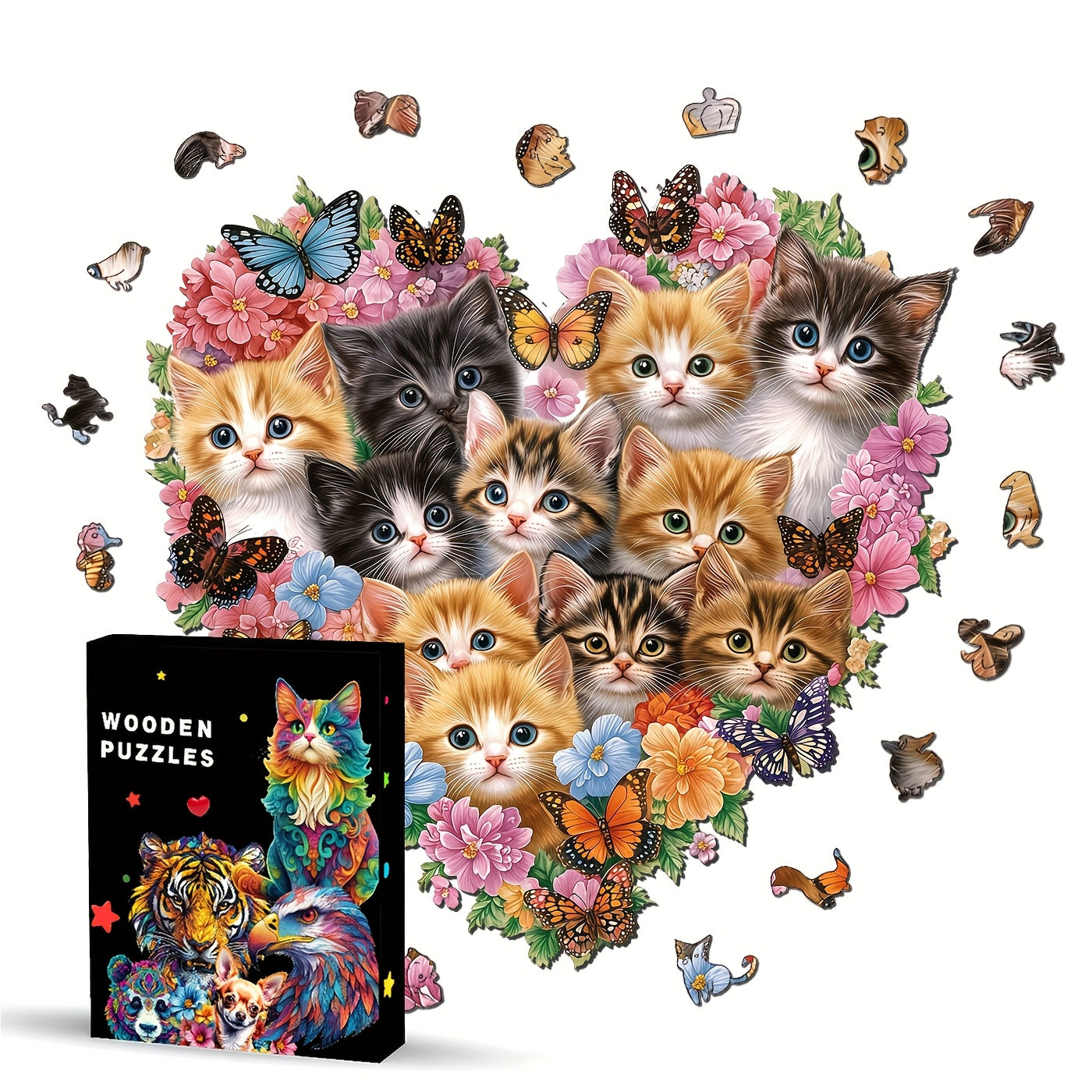 Heart Shaped Floral Kitten Family Wooden Puzzle