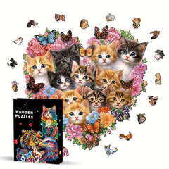 Heart Shaped Floral Kitten Family Wooden Puzzle