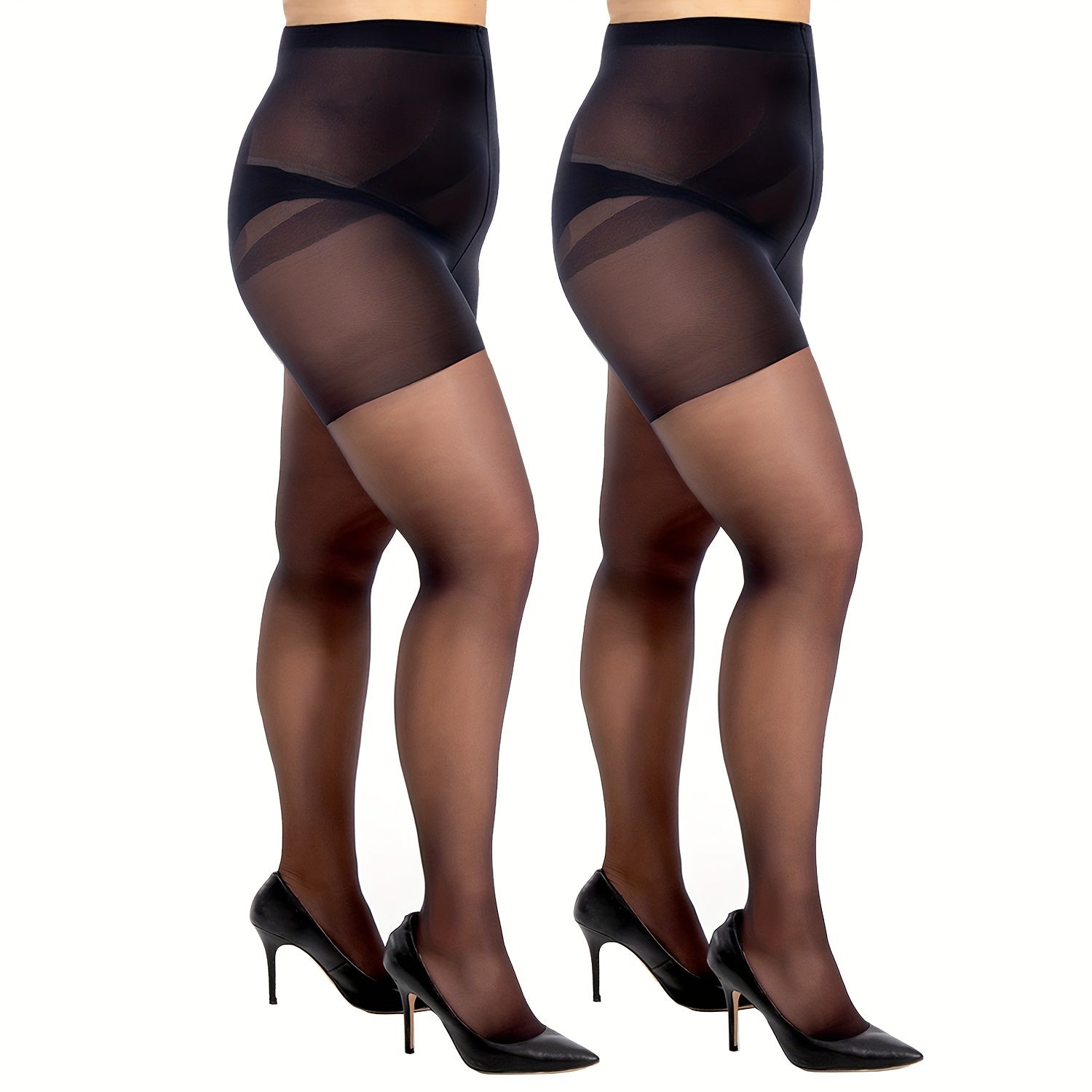 2 Pairs Plus Size Control Top Sheer Tights Set