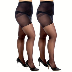 2 Pairs Plus Size Control Top Sheer Tights Set