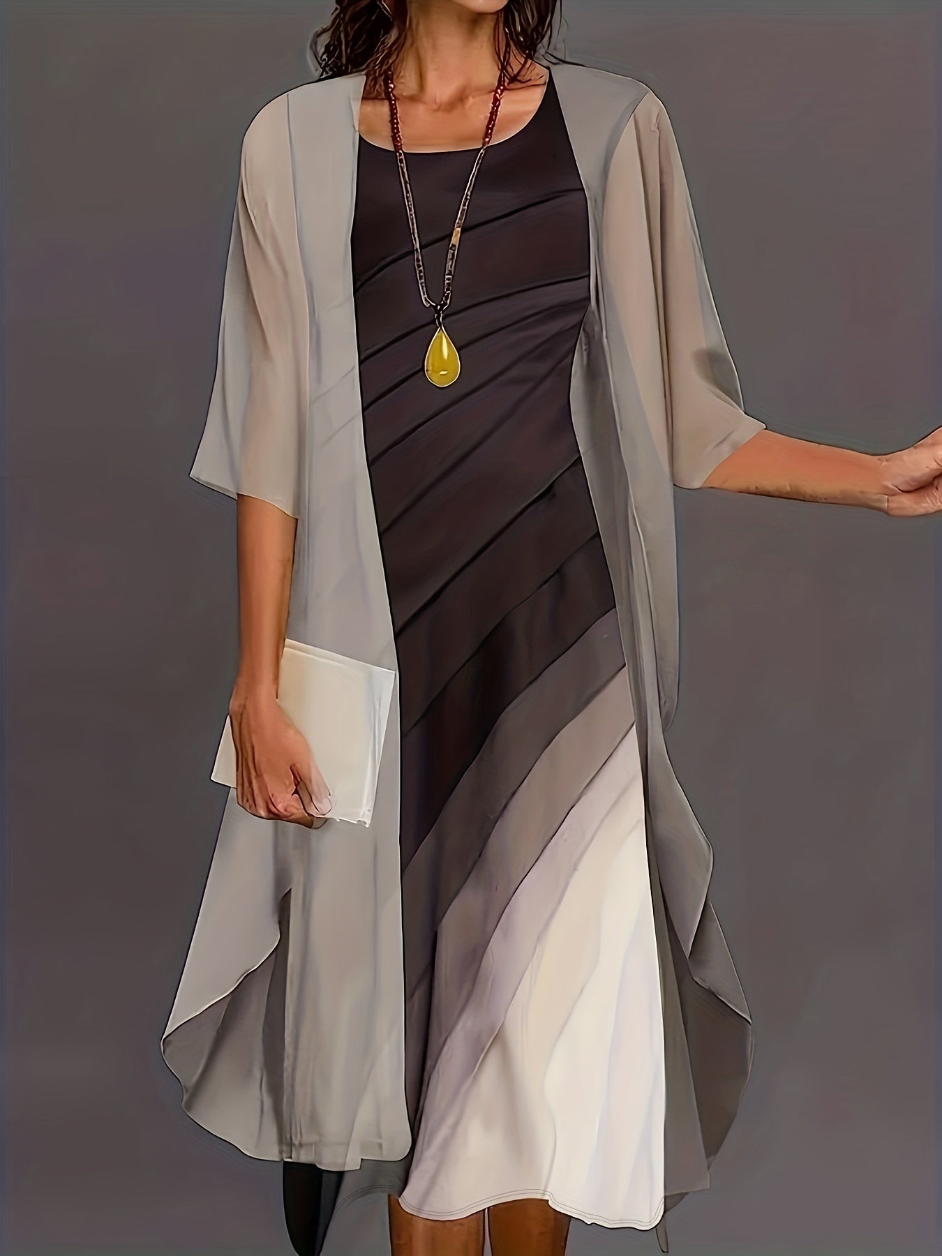 Spring & Fall 2pc Set Long Cardigan & Midi Dress Outfit