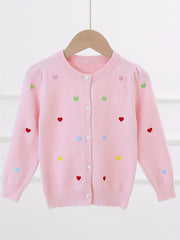 Girls Heart Embroidery Round Neck Knit Cardigan for Spring Fall