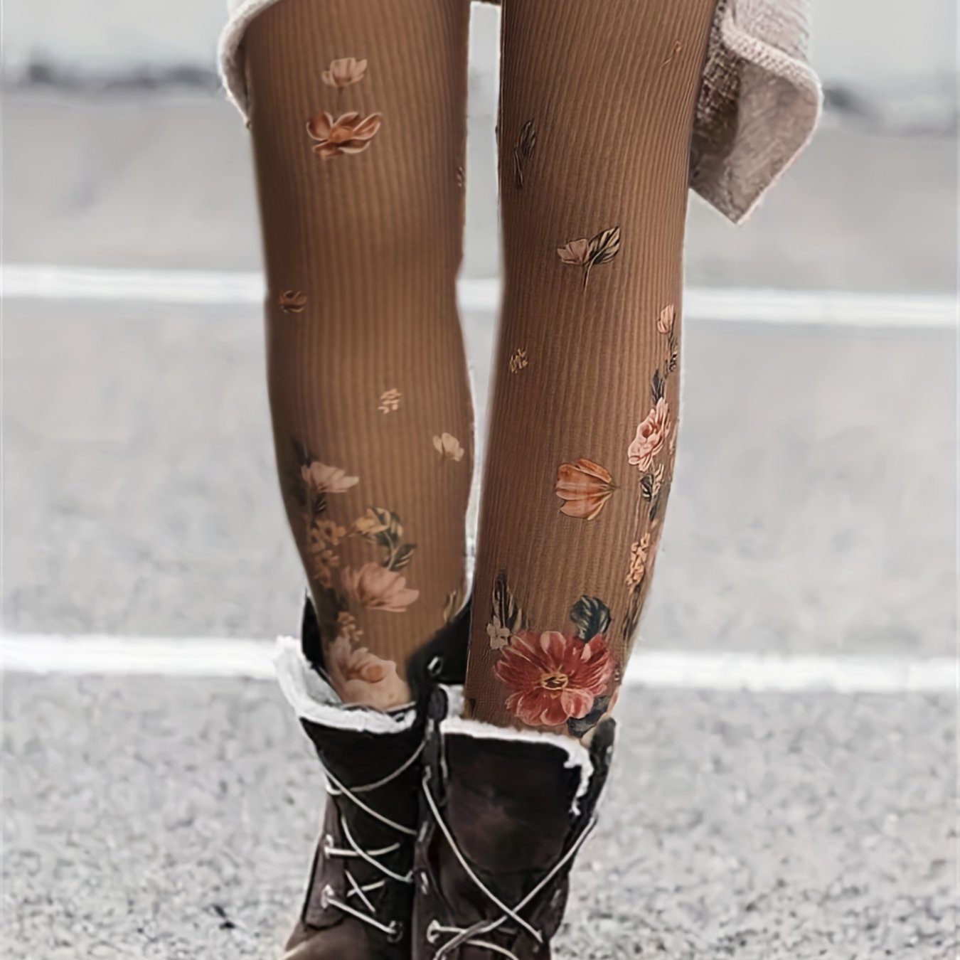 Floral Print Ribbed Leggings Medium Stretch Slim Fit