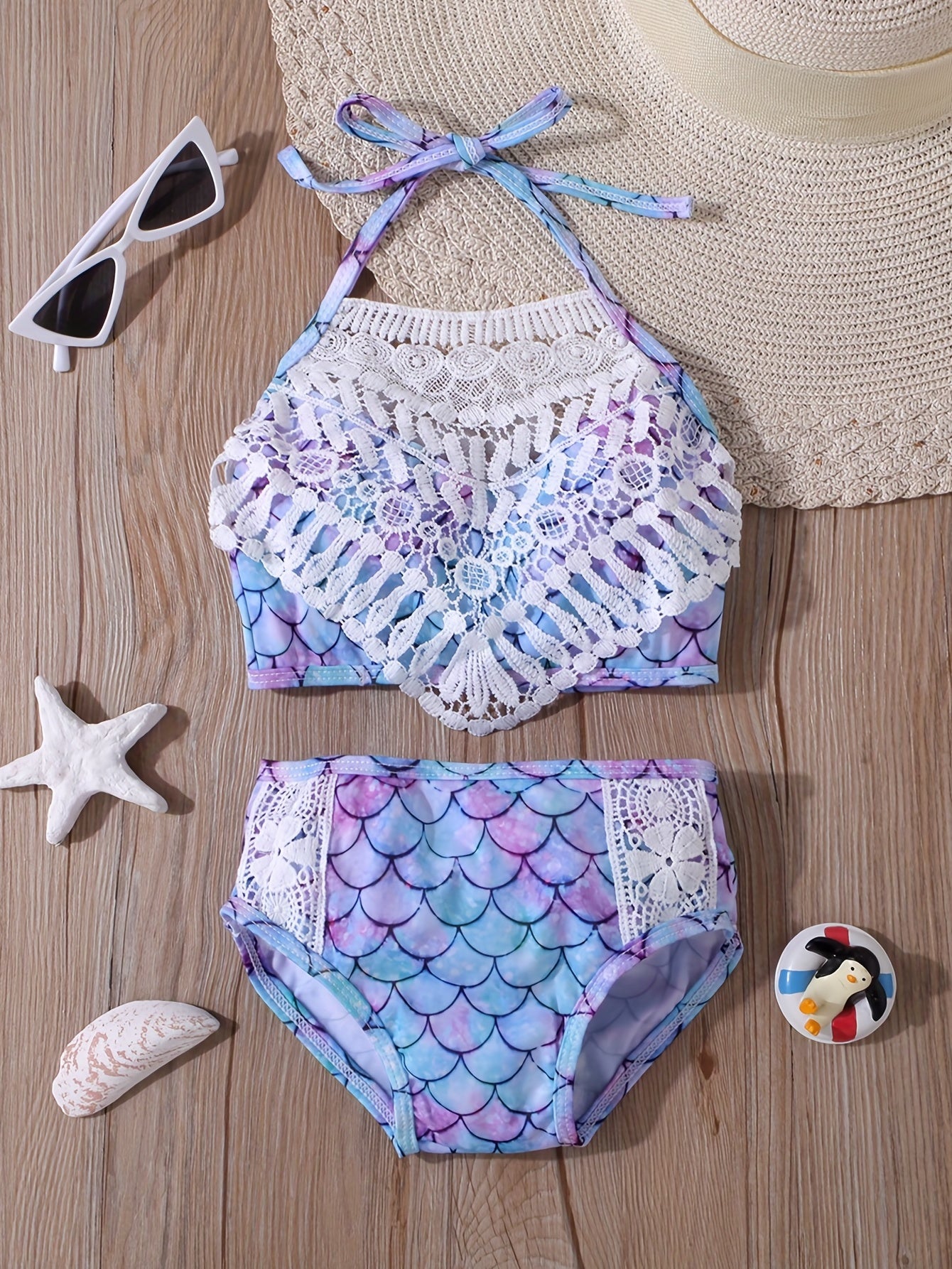 Girls Mermaid Fish Scales Swimsuit Lace Halter Bikini Swimwear