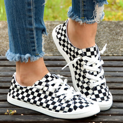 Women's Checkerboard Flat Canvas Shoes Lace up Low Top Casual Walking Shoes