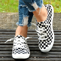 Women's Checkerboard Flat Canvas Shoes Lace up Low Top Casual Walking Shoes