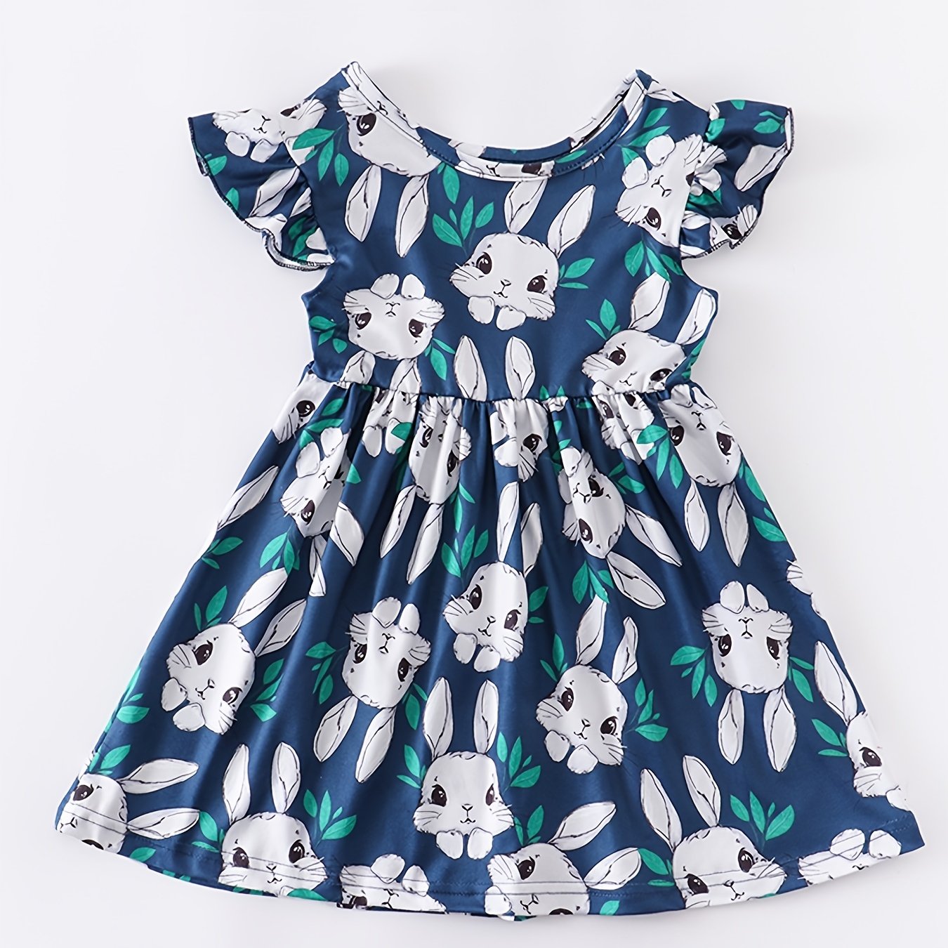 Baby Girls Short Sleeve Ruffles Round Neck Easter Bunny Print Dress