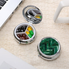 Small Metal Pill Case Green Glass Pattern 3 Compartment Portable Medicine