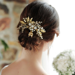 Golden Pearl Bridal Hair Piece Wedding Hair Vine Crystal Hair Clip