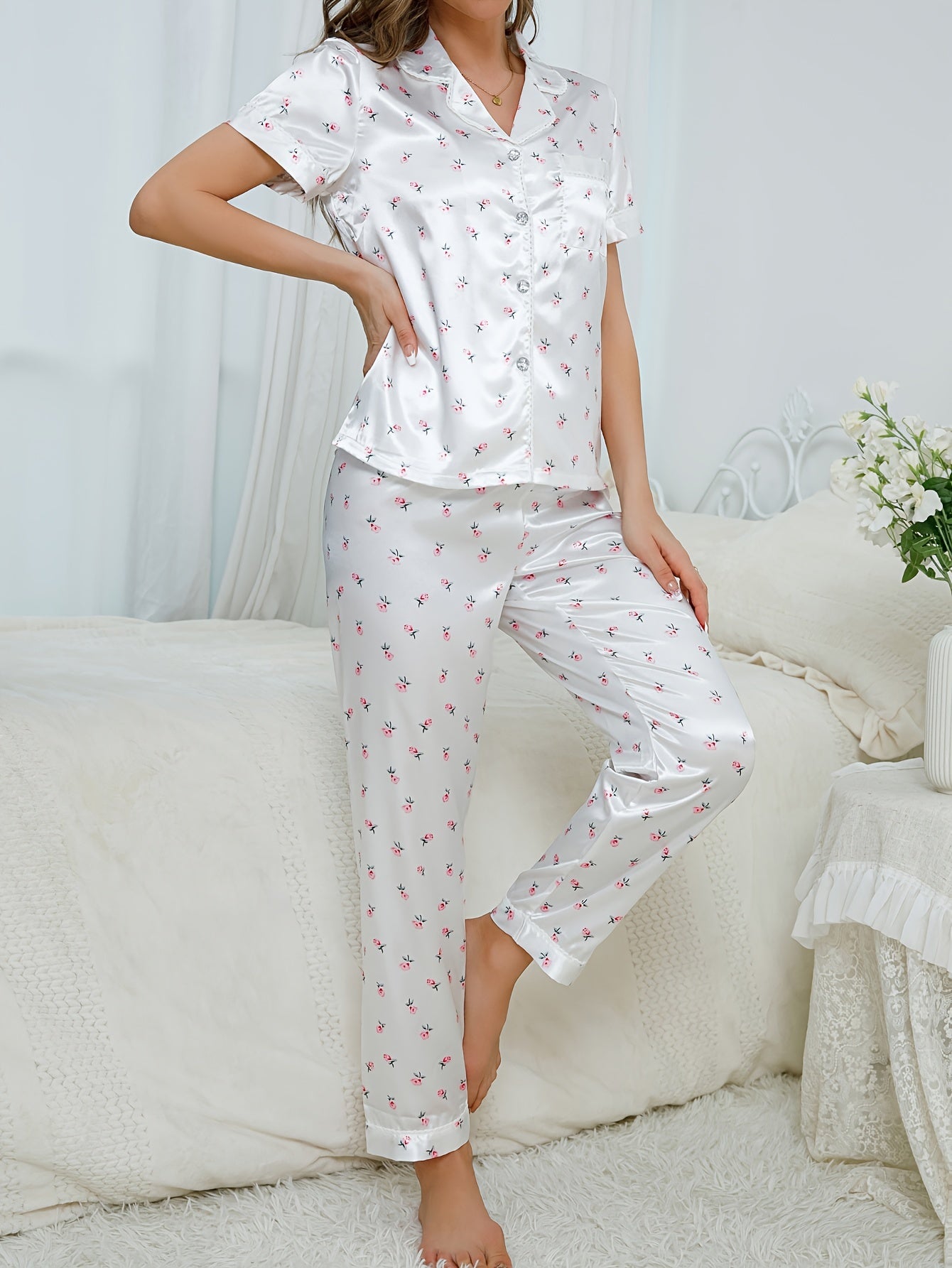 Floral Print Pajama Set Short Sleeve Top & Pants