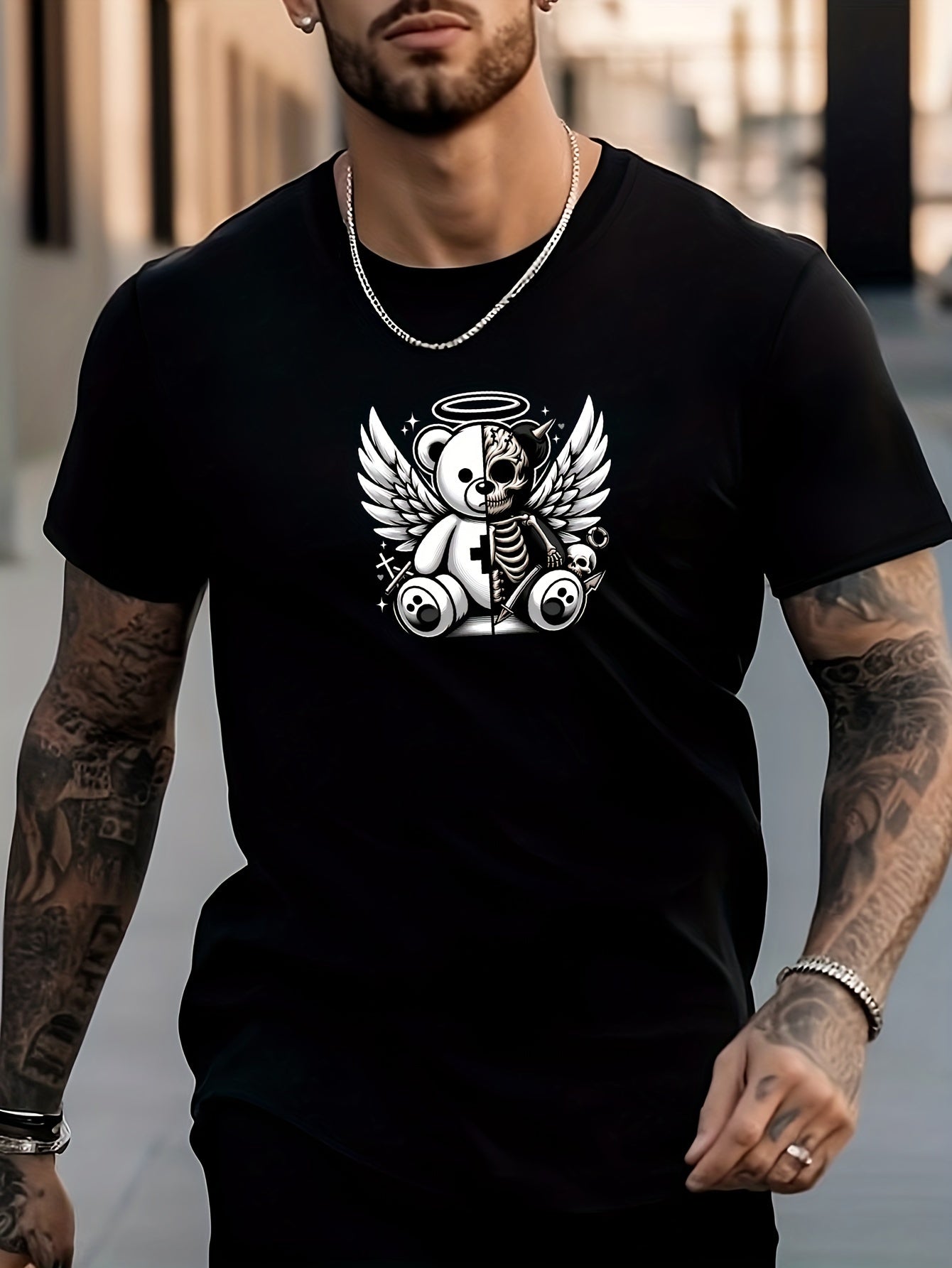 Men's Bear Pattern Shirt Crew Neck Short Sleeve Tee Top