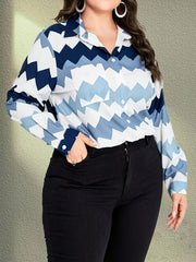 Casual Blouse Women's Plus Colorblock Stripe Print Button Up Long Sle