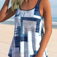 Modest Tankini Set Patchwork Print Cami Top & Shorts Swimsuit