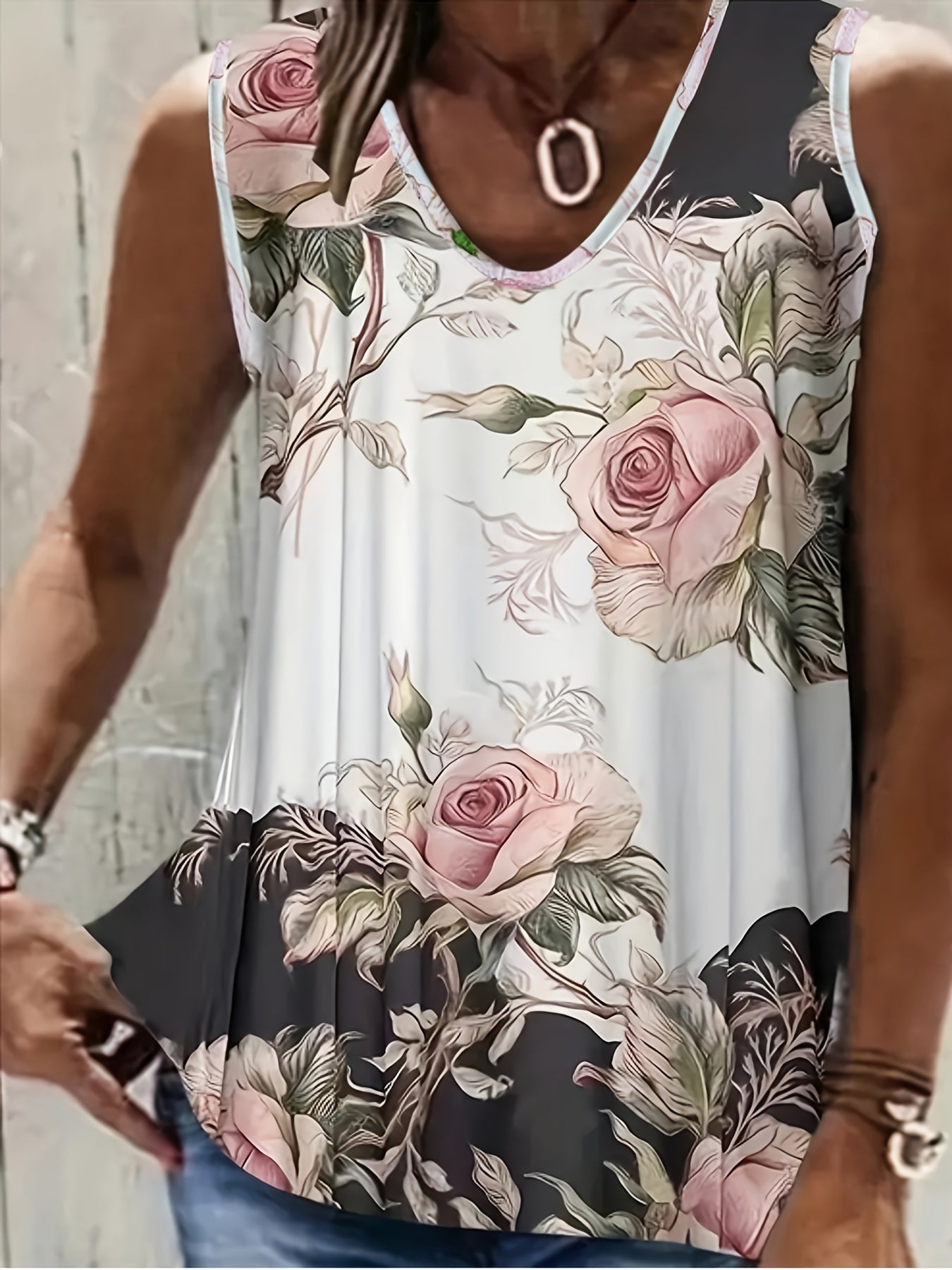 Rose Print Tank Top Women's Round Neck Slight Stretch