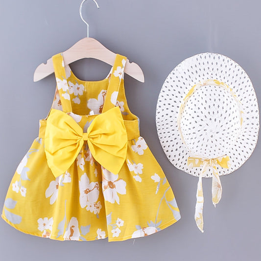 Baby Girls Sleeveless Flowers Print Beach Dress With Hat