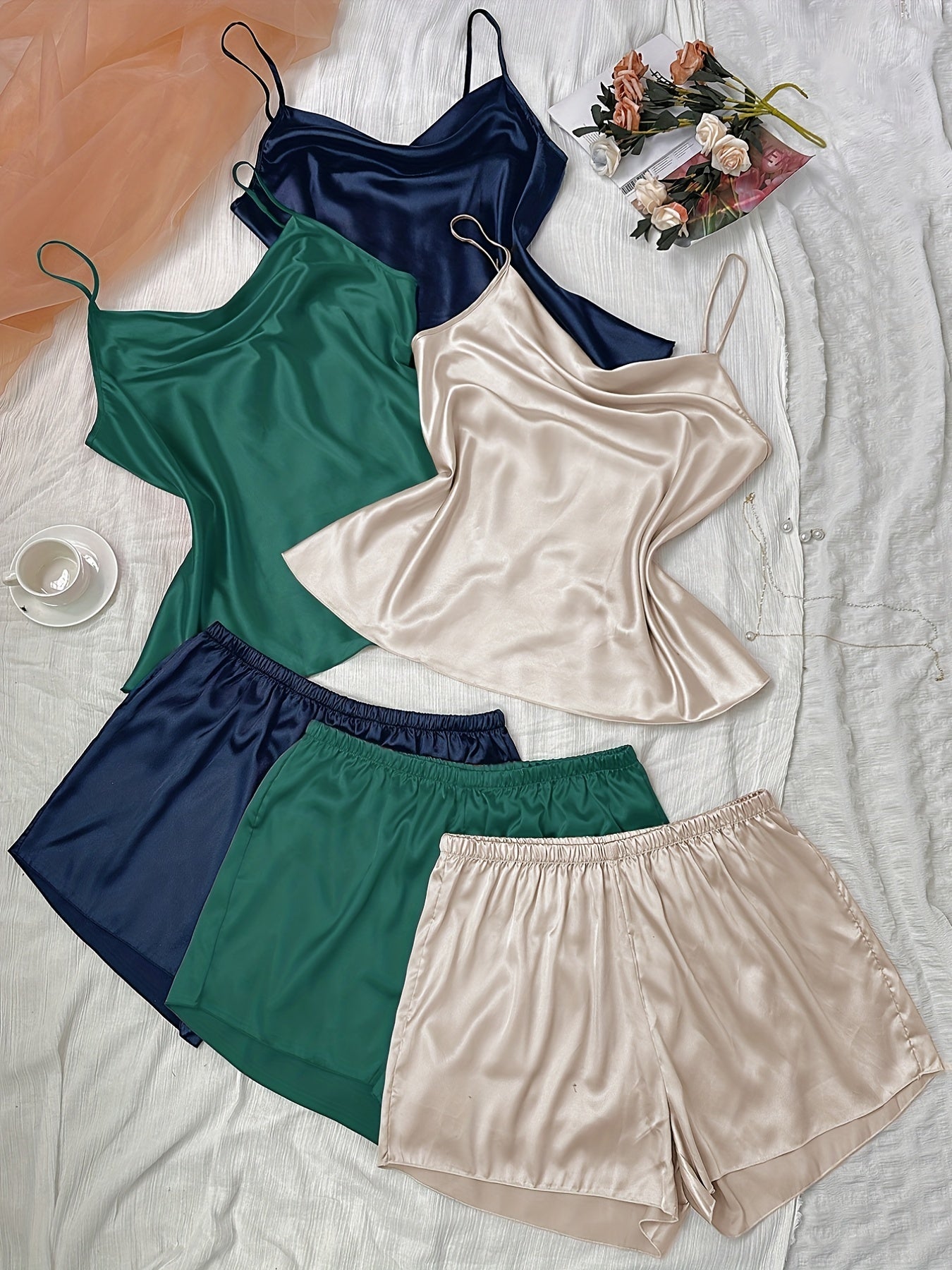 6-Pack Plus Size Satin Cowl Neck Cami Top & Shorts Set