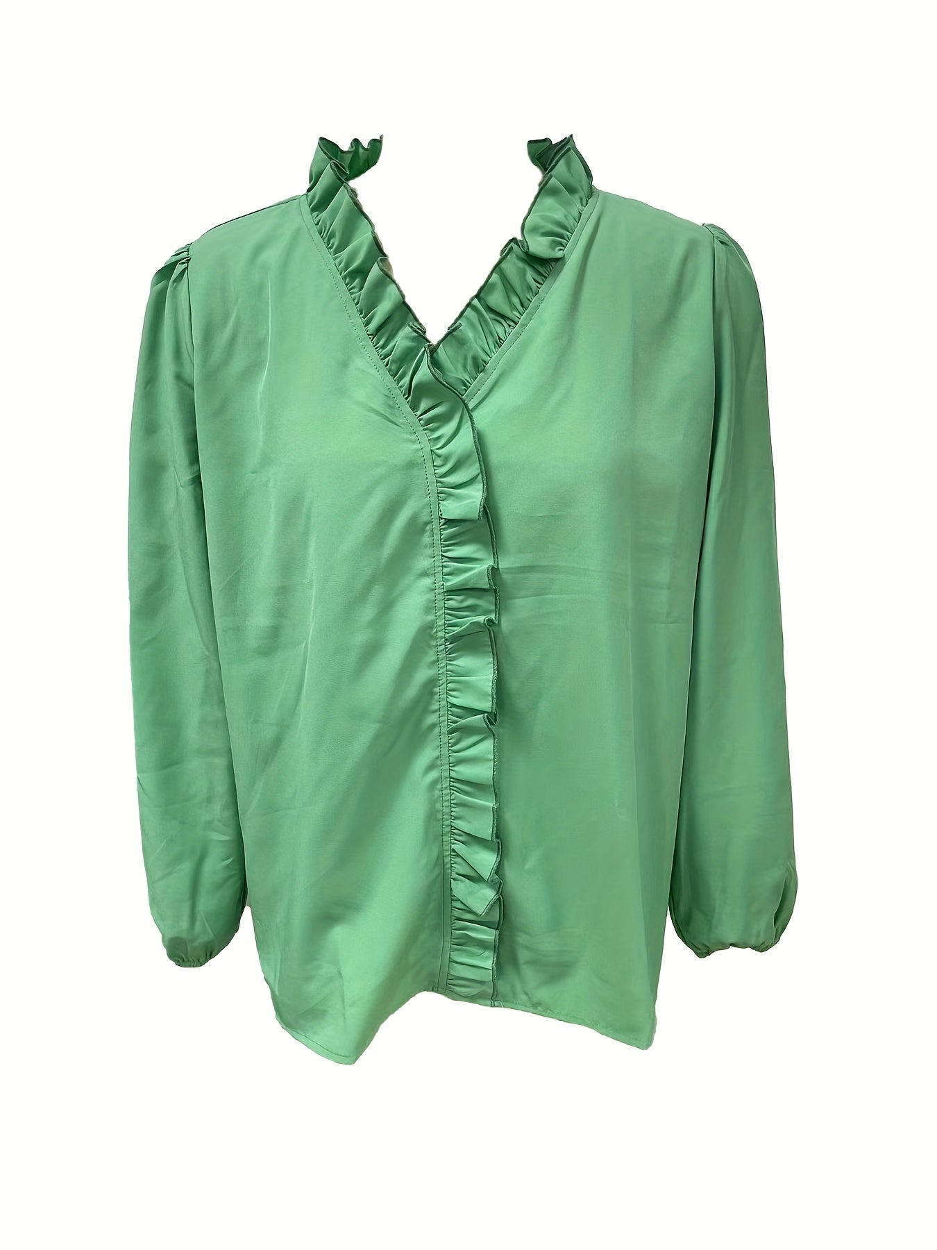 Ruffle Trim Lantern Sleeve V Neck Blouse
