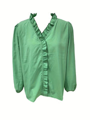Ruffle Trim Lantern Sleeve V Neck Blouse