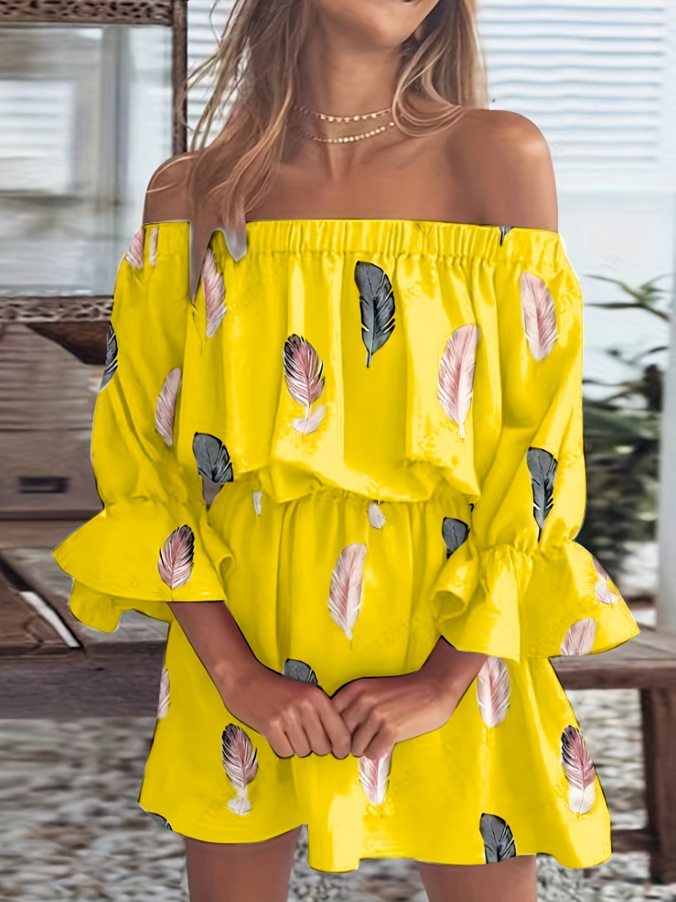 Feather Print Off Shoulder Ruffle Trim Lantern Sleeve Mini Dress