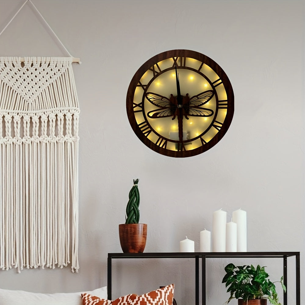 Dragonfly Wooden Clock with LED Light Control