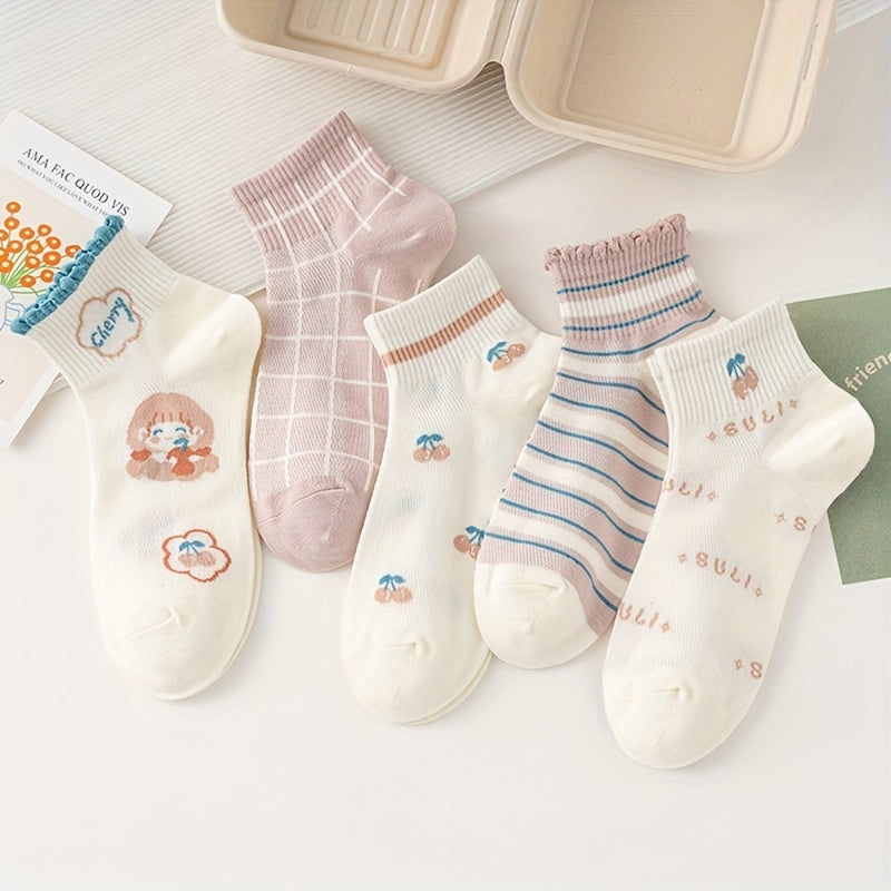 5 Pairs Cartoon Print Socks Comfy & Short Socks Women's Stockings