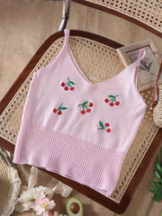 Cherry Pattern Embroidered Knit Crop Cami Top Cutout V Neck Summer Sleeveless