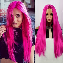 Hot Pink Yellow Lake Pink Wigs Synthetic Cosplay Wig Hair Long Straight Wig