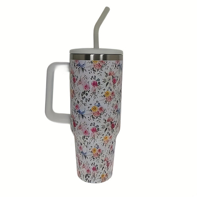 40oz Stainless Steel Vacuum Water Cup With Straw and Flower Tubler