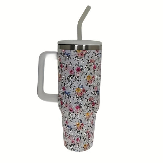 40oz Stainless Steel Vacuum Water Cup With Straw and Flower Tubler