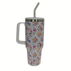 40oz Stainless Steel Vacuum Water Cup With Straw and Flower Tubler