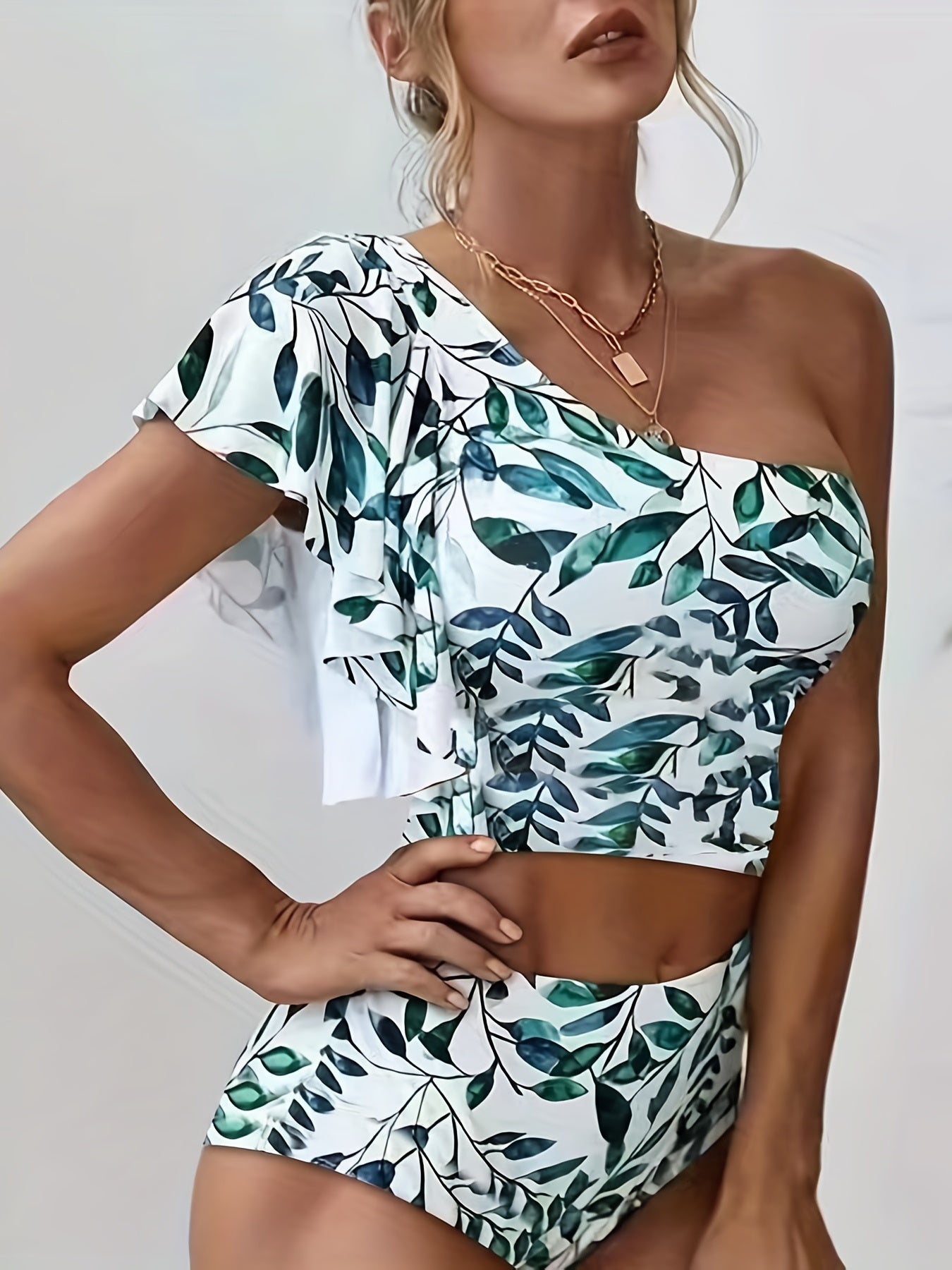 Plant Print Ruffle Crop Top & Booty Shorts Set Women's Clothing