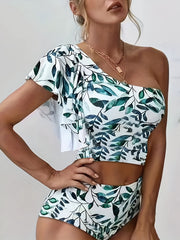 Plant Print Ruffle Crop Top & Booty Shorts Set Women's Clothing