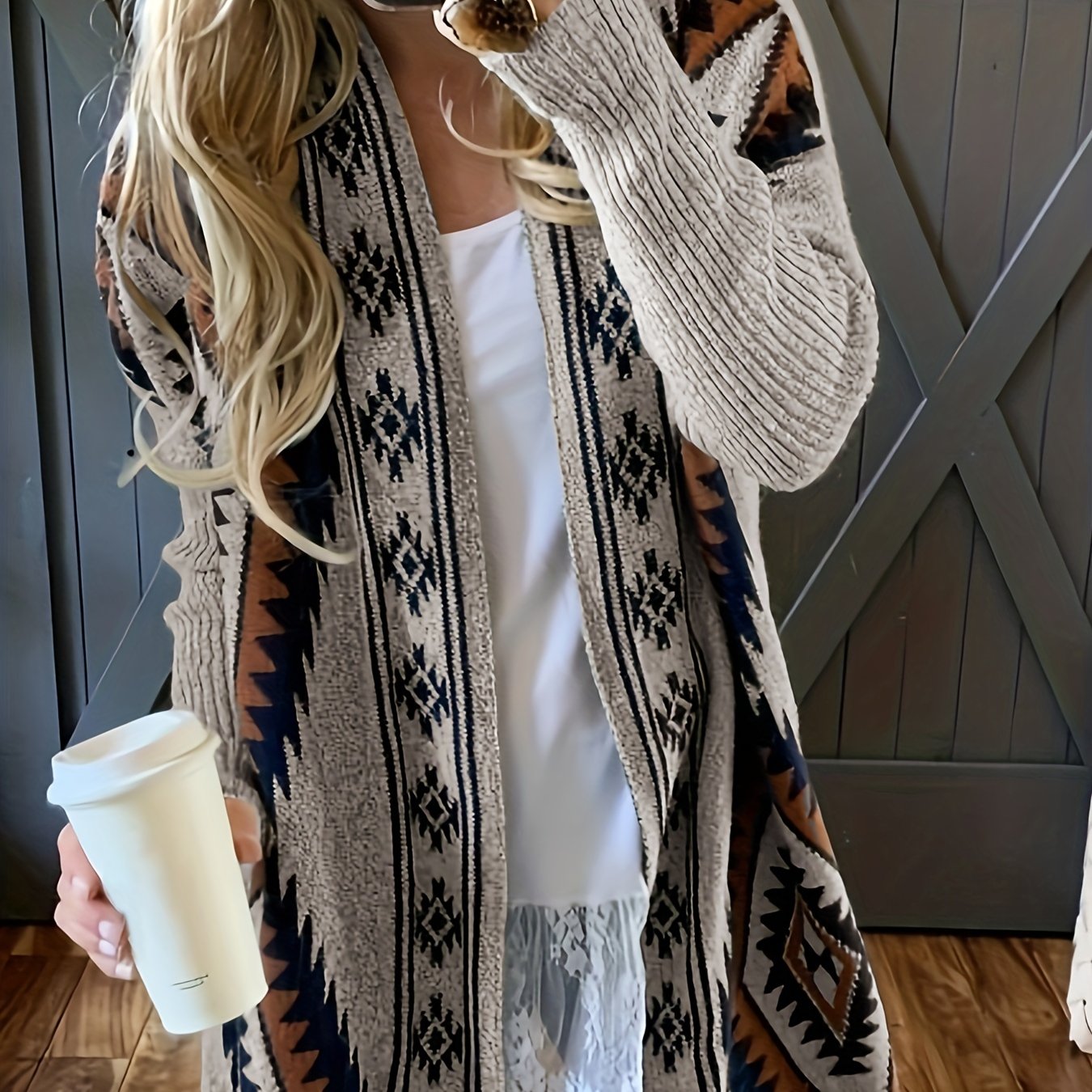 Ethnic Pattern Open Front Cardigan Casual Long Sleeve Mid Length Cardigan