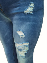 Ripped Asymmetric Mid Waist Button Fly Stretch Jeans