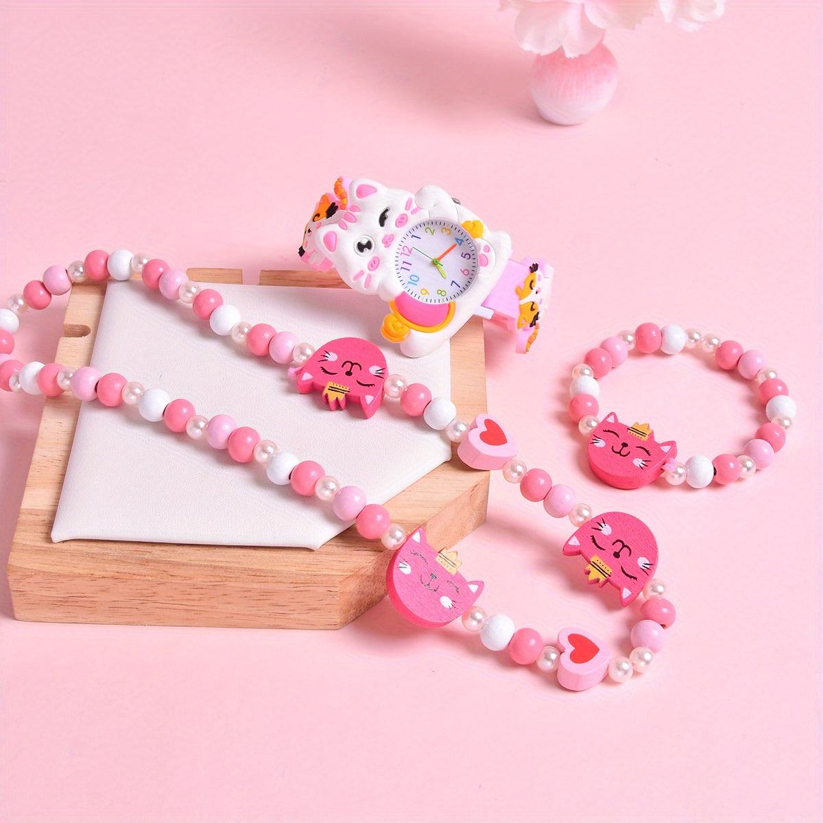 3Pcs Set Cartoon Cat Silicone Girls' Watch Big Eyed Kitten Wristwatch