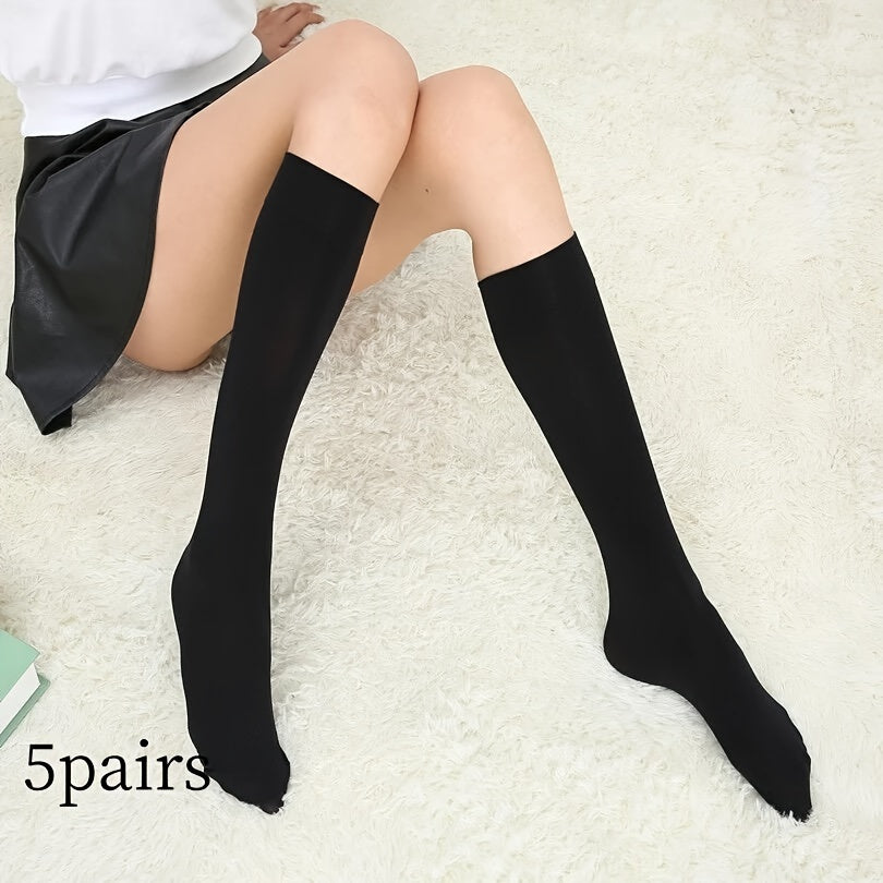 5 Pairs Solid Calf Socks Women's Knee High Stockings & Hosiery