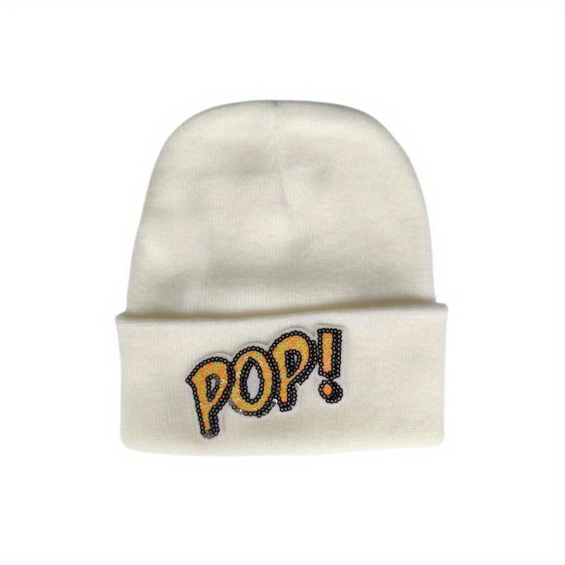 POP Sequin Decor Beanie Solid Elastic Knit Hat Lightweight Warm Skull Cap