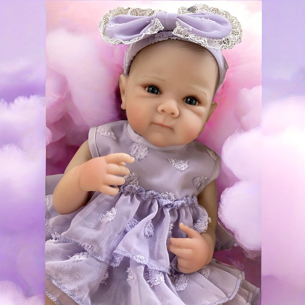 Realistic Vinyl Girl Doll with Purple Dress for Kids 3-6 Years