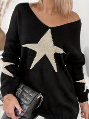 Star Print V Neck Sweater Long Sleeve Jumper