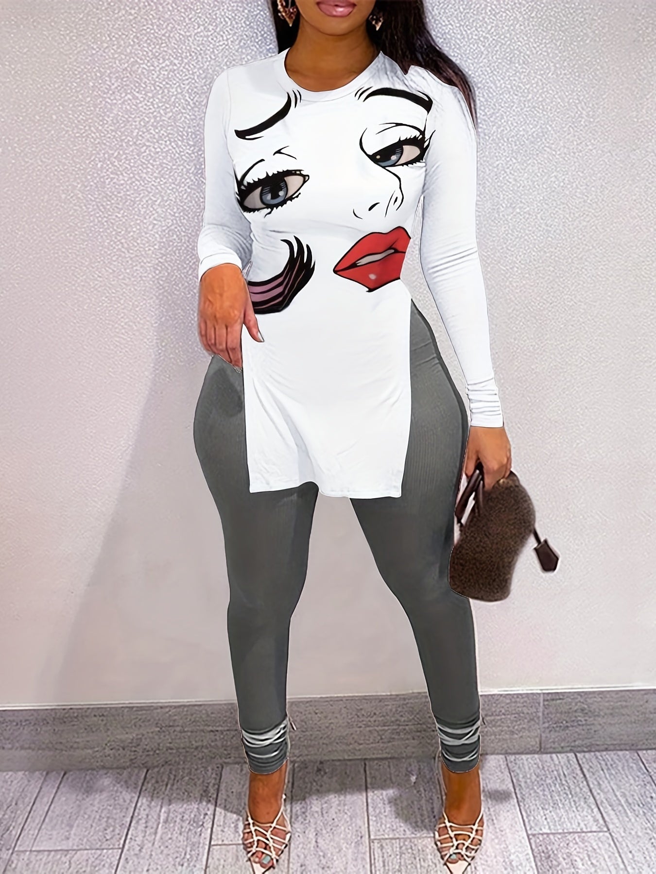 Figure Print T shirt & High Waist Pants Set Women's Outfit